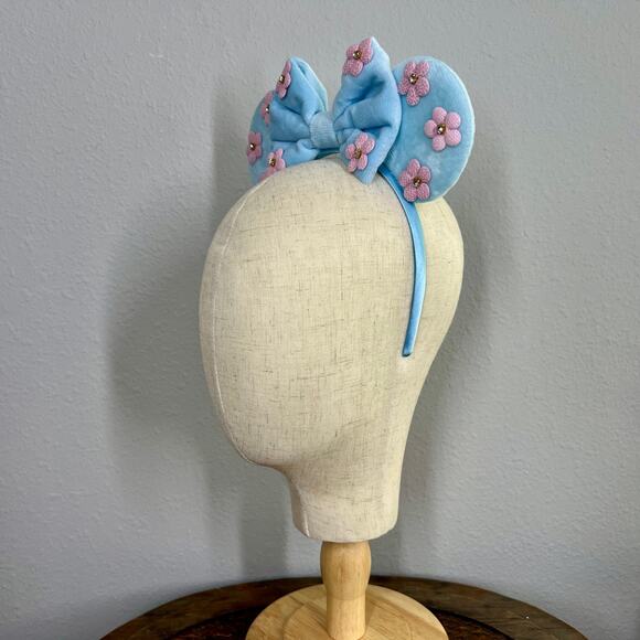 Pastel Blue & Pink Velvet Floral Minnie Ears | Disney-Inspired Mouse Headband - Picture 3 of 5